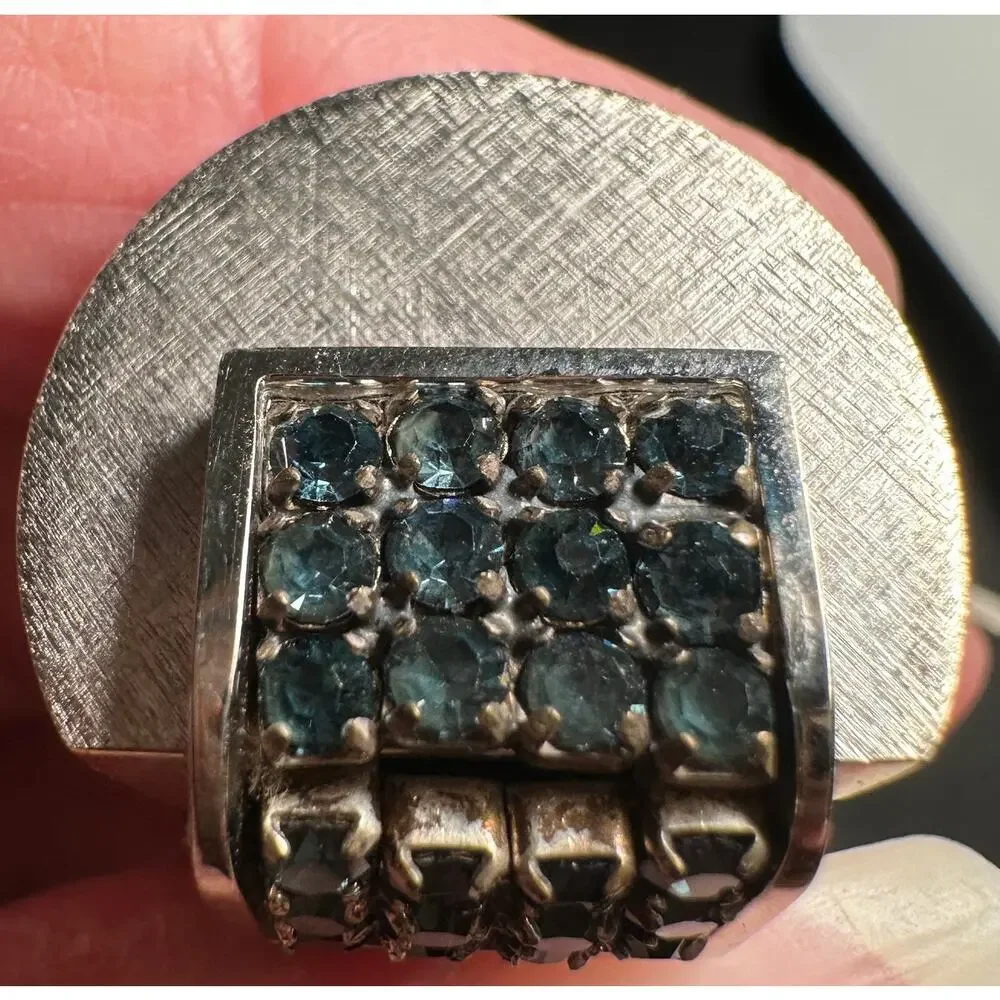 Vintage Cufflinks Tie Tac Set Blue Rhinestone Mesh Wrap Silver Tone retro